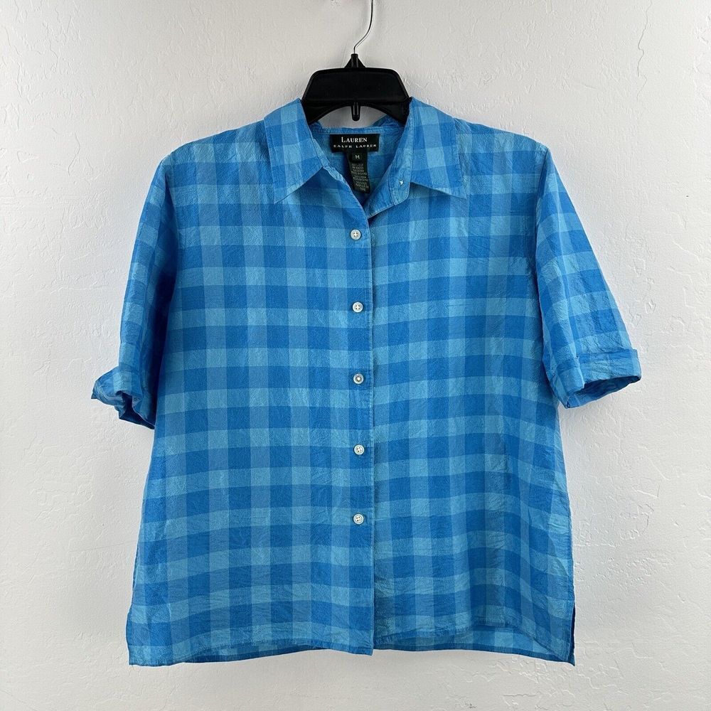 Vtg Lauren Ralph Lauren Womens‎ Button Up Shirt Short Sleeve M Silk Blue Plaid